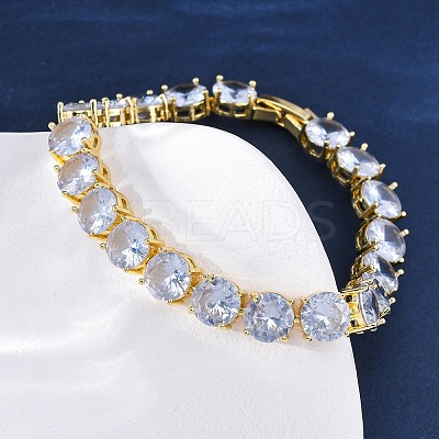 Brass Pave Clear Cubic Zirconia Flat Round Link Chain Bracelets for Women BJEW-A034-02G-1