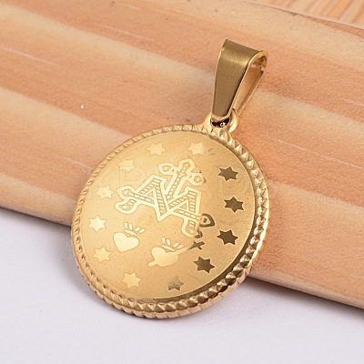Flat Round with Virgin Mary & Word 304 Stainless Steel Pendants STAS-I036-02A-1
