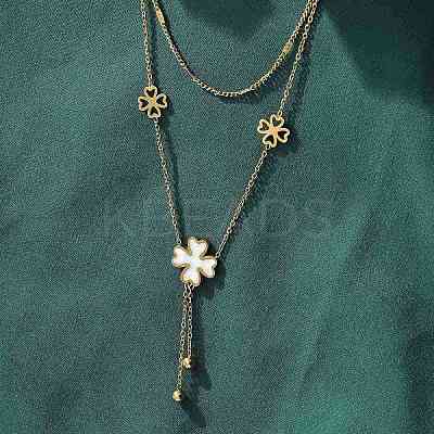 304 Stainless Steel Shell Pearl Clover Pendant Double Layered Necklaces for Women NJEW-U036-01G-1