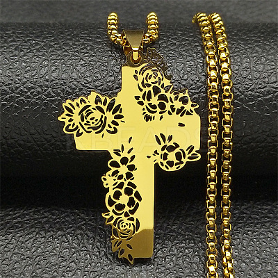 201 Stainless Steel Hollow Rose Cross Pendant Necklaces LS-NJEW-H065-31G-1