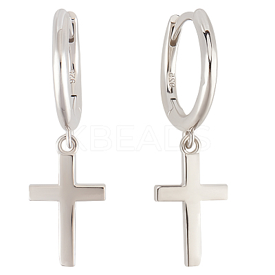 1 Pair Cross Rhodium Plated 925 Sterling Silver Dangle Hoop Earrings for Women EJEW-BBC0001-53-1