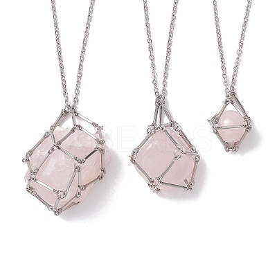 3 Pcs 201 Stainless Steel Crystal Stone Cage Pendant Necklaces NJEW-JN04750-1
