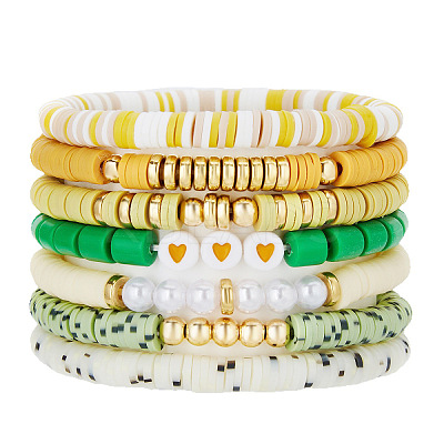 7Pcs Heart Pattern Polymer Clay & Plastic Pearl & CCB Plastic Beaded Stretch Bracelet Set for Women FS-WG634BB-16-1