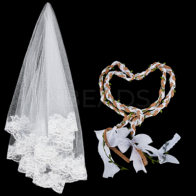 Polyester Wedding Lasso Chain & Flower Organza Bride Main Wedding Veil Headdress Sets HJEW-OC00101-1