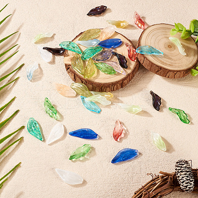 75Pcs 15 Colors Transparent Glass Leaf Pendants GLAA-TA0003-30-1