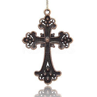 Nickel Free Red Copper Tone Alloy Rhinestone Budded Cross Big Pendants RB-J141-05R-NF-1