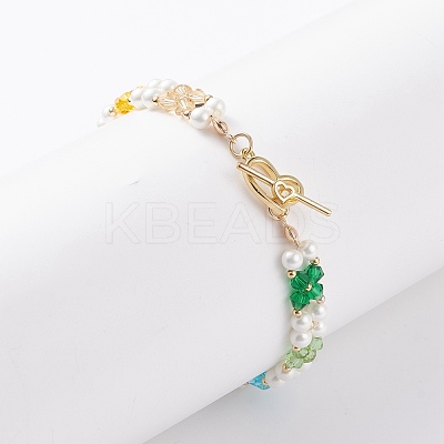 Shell Pearl & Glass Braided Flower Beaded Bracelet BJEW-TA00087-1