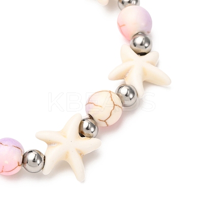 Starfish Synthetic Turquoise Beads & Brass Beads Stretch Bracelets BJEW-JB12417-01-1