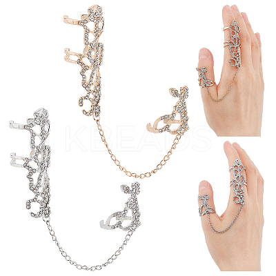2Pcs 2 Colors Crystal Rhinestone Flower Full Finger Ring Hand Chain RJEW-AN0001-03-1