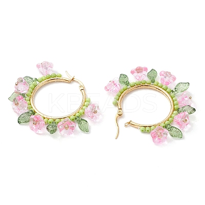 Glass Flower Hoop Earrings EJEW-TA00589-03-1