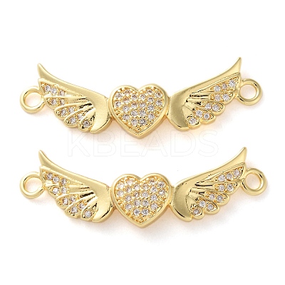 Rack Plating Brass Clear Cubic Zirconia Wing Heart Connector Charms KK-C084-12G-1