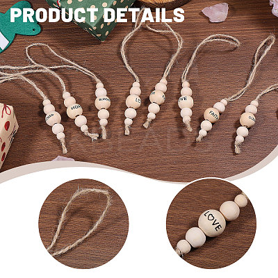 28Pcs 4 Styles Christmas Theme Wood Round Beaded with Word Pendant Decorations with Jute Cord HJEW-CA00079-1
