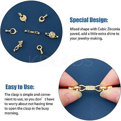 7Pcs 7 Styles Rack Plating Brass Micro Pave Clear Cubic Zirconia Fold Over Clasps KK-FH0004-70-1