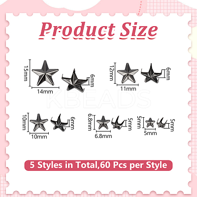 300Pcs 5 Styles Iron Studs Rivets IFIN-HY0001-13-1
