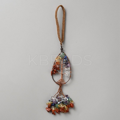 Copper Wire Wrapped Chakra Natural Gemstone Teardrop with Tree of Life Pendant Decorations HJEW-CJC0816-001R-1