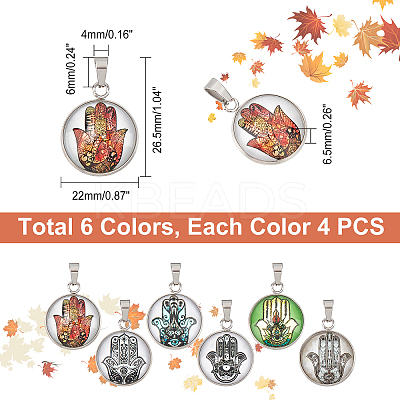 24Pcs 6 Color Hamsa Hand Pattern Glass Pendants GLAA-DC0001-01-1