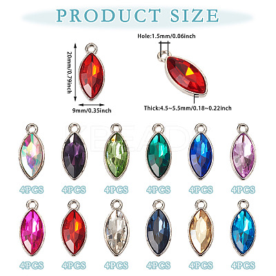 48Pcs 12 Colors Zinc Alloy Glass Pendants GLAA-TA0003-24-1
