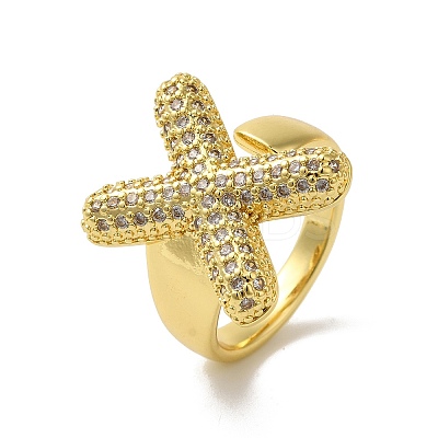 Letter Brass Micro Pave Clear Cubic Zirconia Open Cuff Ring for Women RJEW-N046-03X-G-1