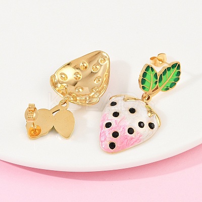 304 Stainless Steel Enamel Strawberry Dangle Stud Earrings LS-EJEW-A138-10G-02-1