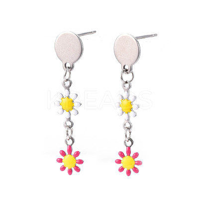 Flower Enamel Long Dangle Stud Earrings EJEW-N049-02A-1