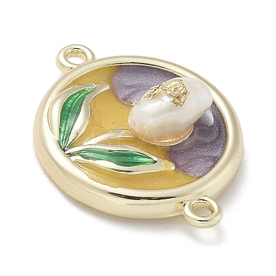 Brass Enamel Flat Round with Rose Connector Charms KK-M308-01G-01-1