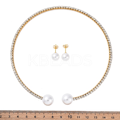 Round Plastic Imitation Pearl Stud Earrings & Rhinestone Cuff Choker Necklaces Sets SJEW-U003-04G-1