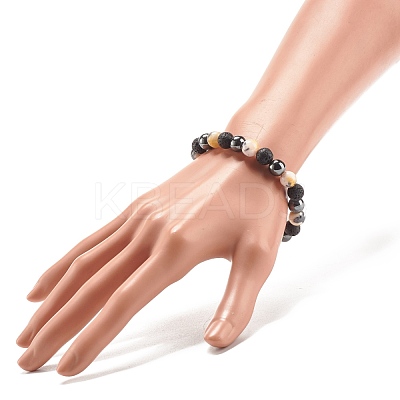 Gemstone & Lava Rock & Synthetic Hematite Round Beaded Stretch Bracelet BJEW-JB07972-1