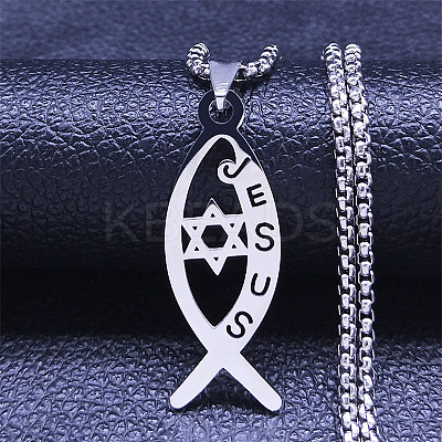 201 Stainless Steel Religion Jesus Fish Pendant Necklaces LS-NJEW-H065-05P-1