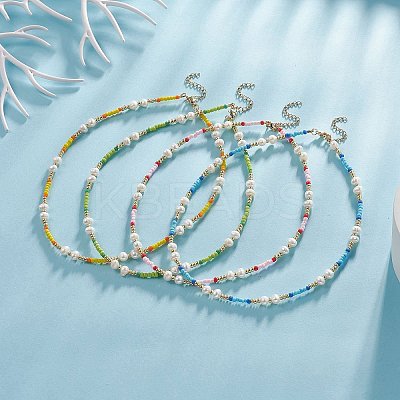 Acrylic Imitation Pearl & Glass Seed Beaded Necklace for Women NJEW-JN04278-1