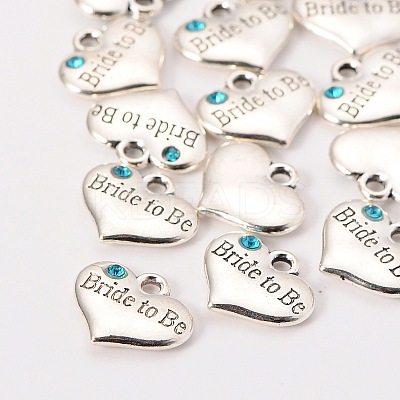 Wedding Theme Antique Silver Tone Tibetan Style Heart with Bride to Be Rhinestone Charms TIBEP-N005-10C-1