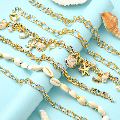 6Pcs 6 Styles Ocean Theme Cowrie Shell & Aluminum & Brass Alloy Cap Chain HJEW-SC0002-36-1