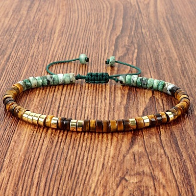 Natural African Turquoise(Jasper) and Tiger Eye Heishi Beads Adjustable Braided Bracelets for Men Women BX7041-23-1
