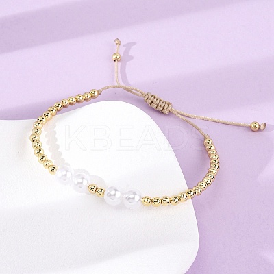 Brass & ABS Plastic Pearl Round Beads Braided Bead Bracelets for Women BJEW-H209-06G-1