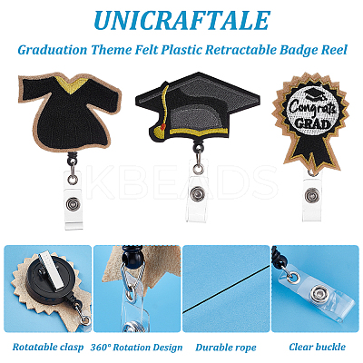 3Pcs 3 Style Graduation Theme Felt Plastic Retractable Badge Reel JEWB-UN0001-02-1