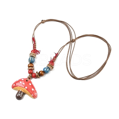 Mushroom Porcelain & Coconut Bead Pendant Necklaces NJEW-G182-01-1