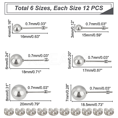 36 Pairs 6 Style 304 Stainless Steel Ball Stud Earrings STAS-DC0003-70-1