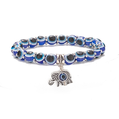 Resin Evil Eye Beaded Stretch Bracelet with Alloy Charm for Men Women BJEW-JB08216-1