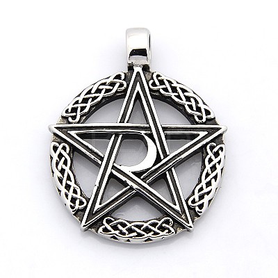Retro 304 Stainless Steel Ring with Pentagram Pendants X-STAS-F006-132-1