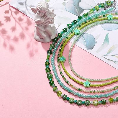 5Pcs 5 Style Polymer Clay Flower & Glass Seed Beaded Necklaces Set for Women NJEW-JN04011-1