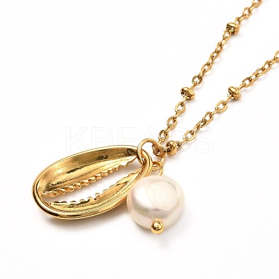 Cowrie Shell & Natural Pearl Pendant Necklace for Teen Girl Women NJEW-JN03717-02-1