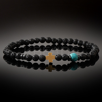 Natural Lava Rock & Synthetic Turquoise Round & Synthetic Non-magnetic Hematite Corss Beaded Stretch Bracelets LS-SL0705-1
