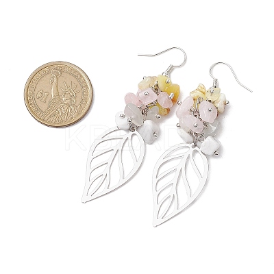 Leaf 201 Stainless Steel Natural Rose Quartz & Natural Howlite & Natural White Moonstone & Natural Yellow Opal Chip Dangle Earrings EJEW-JE06138-01-1