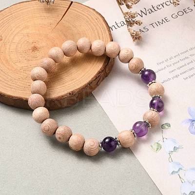 Round Natural Amethyst Beaded Stretch Bracelets BJEW-JB05607-02-1