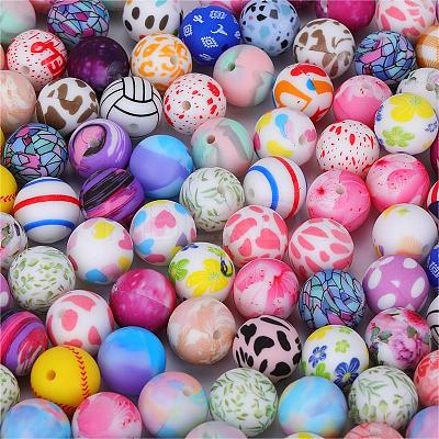 Printed Round with Stripe Pattern Silicone Focal Beads SI-JX0056A-142-1