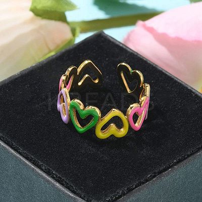 Heart 304 Stainless Steel Enamel Open Cuff Rings for Women LS-RJEW-U034-01G-01-1