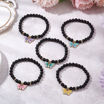 Round Natural Lava Rock Beads Stretch Bracelets for Women BJEW-JB11401-1