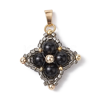 Natural Black Onyx(Dyed & Heated) & Glass Seed Beaded Woven Pendants PALLOY-MZ00365-05-1
