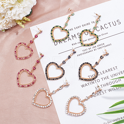 4 Pairs 4 Colors Rhinestone Hollow Heart Dangle Stud Earrings EJEW-AN0004-17-1