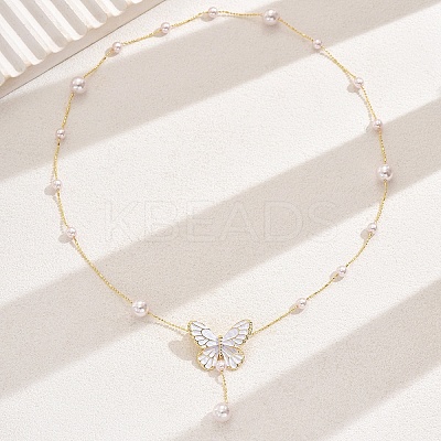Elegant Brass Enamel Butterfly Imitation Pearl Y Necklaces for Women AF5436-3-1