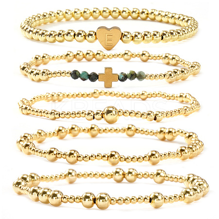 5Pcs Brass & Natural African Turquoise(Jasper) Beads Stretch Bracelets for Women BK1359-4-1